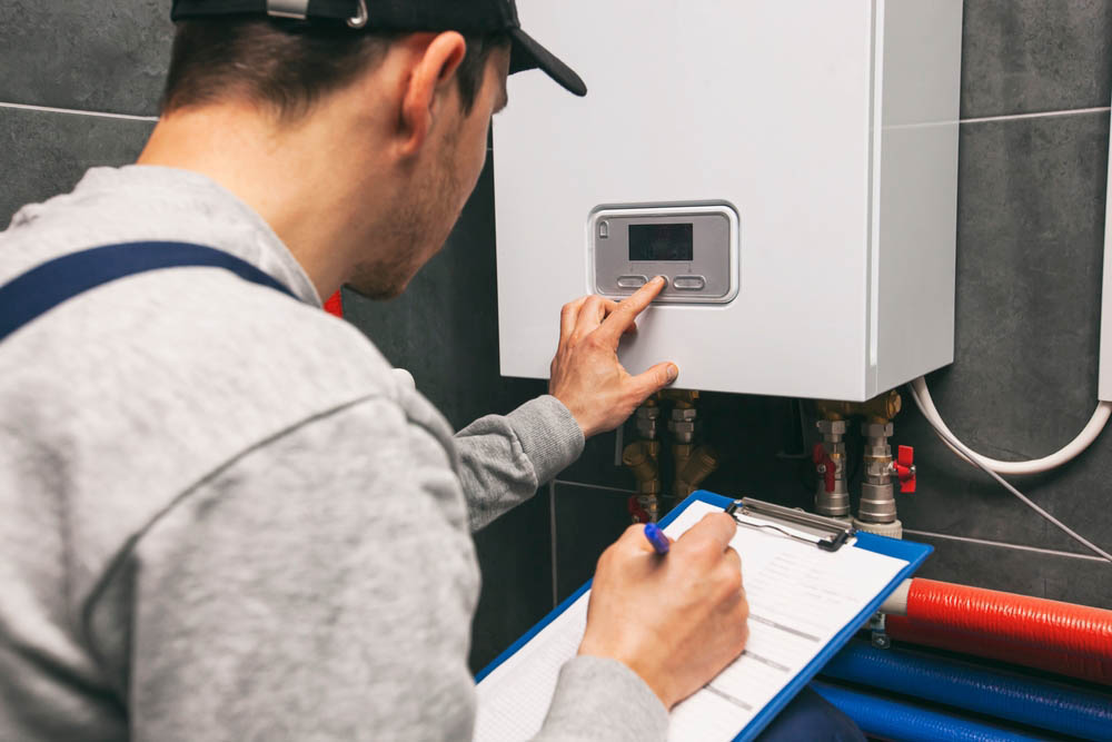 technician inspecting a water heater