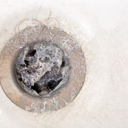 Wet fat, hair loss, waste accumulating, clogging shower bath drain, top view of plug hole