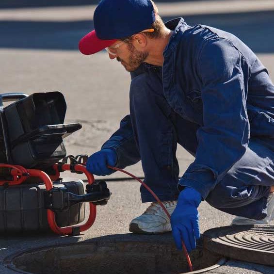 The plumber with portable camera for pipe inspection and other plumbing work.