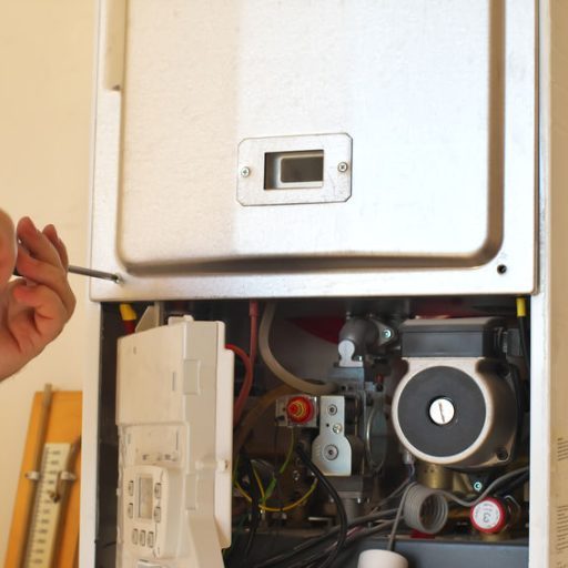 Man engineer and gas heater. Repair and work scene.