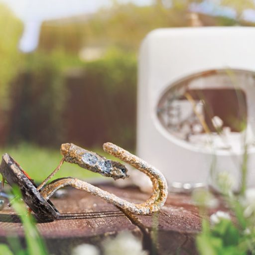 Heating element, rust and scale on boiler background, lying on wooden table. Light. Concept of repair and maintenance of home appliances.