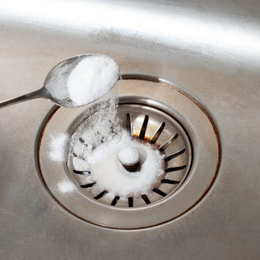 A spoonful of baking soda in his hand pours onto the dirty dishwasher in the kitchen. Using soda to clean the sink.